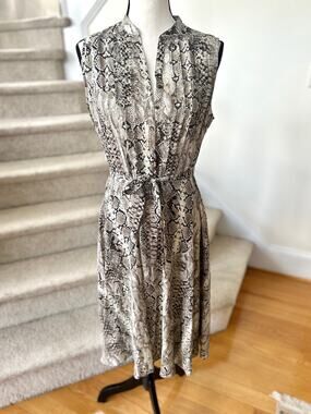 Nanette Lepore Taupe Grey Snakeskin Printed Tie Waist Button Down Shirt Dress